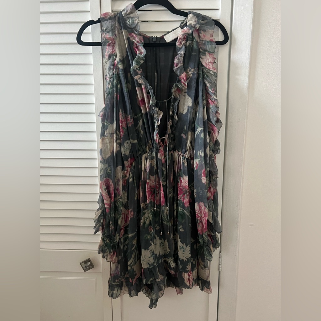Zimmermann Floral Ruffle Mini Dress - Pink And Green